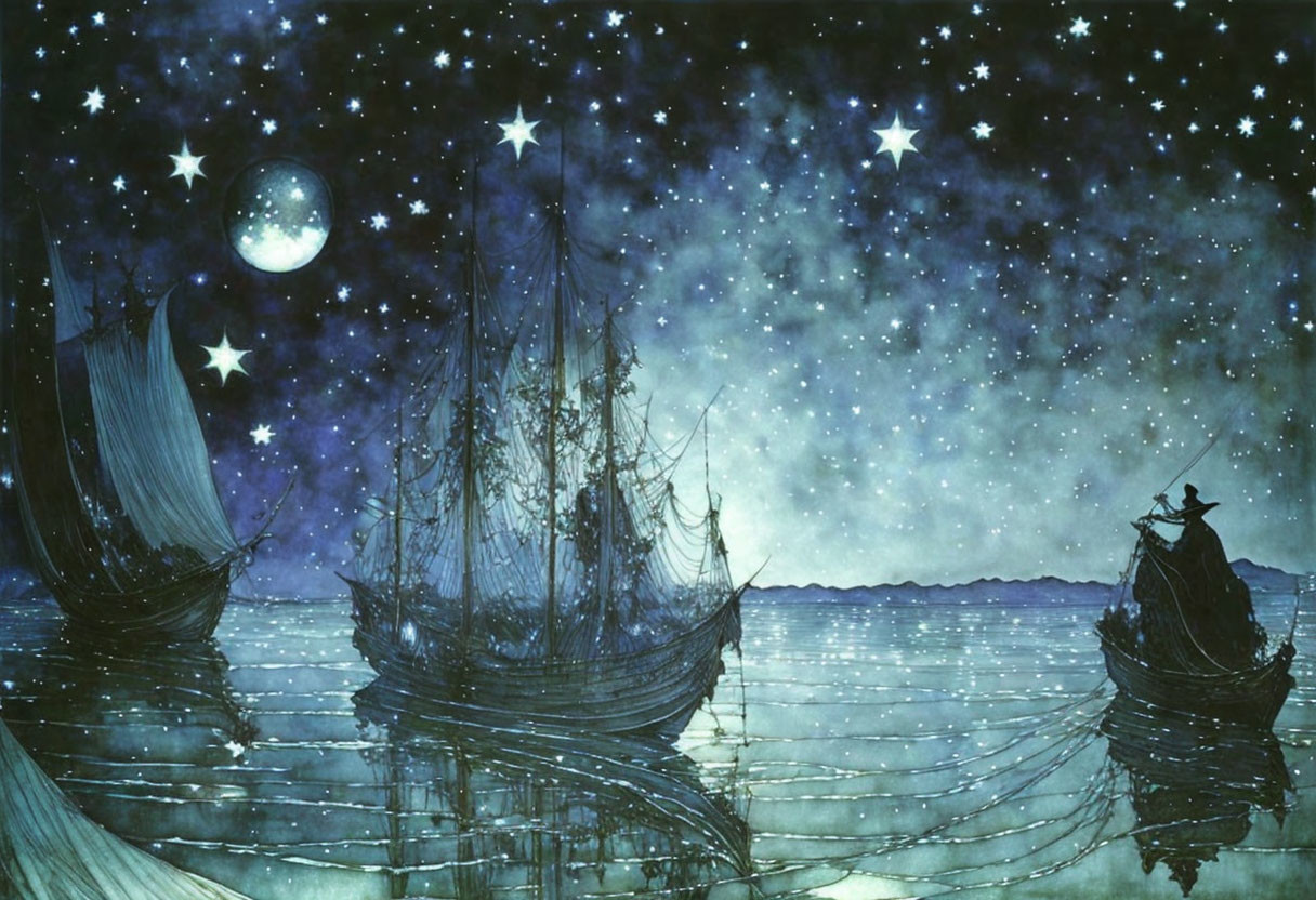 Starry night seascape with sailing ships under full moon