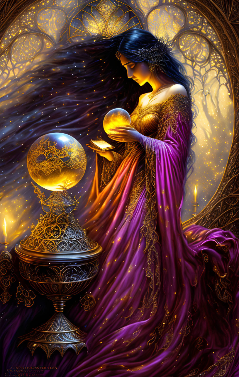 Mystical woman in purple robe with glowing orb and gold patterns