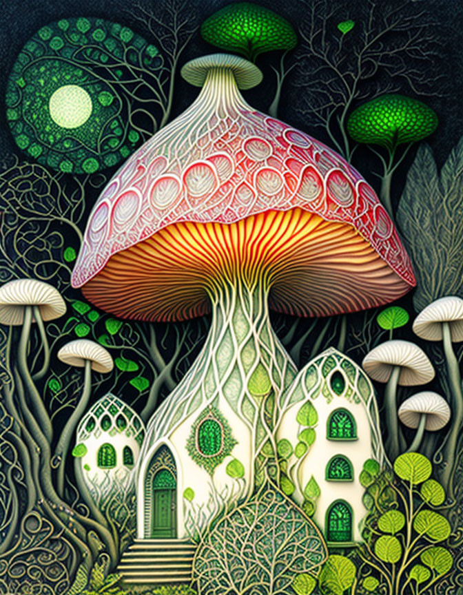 Whimsical forest illustration with fantastical mushrooms and starry night sky