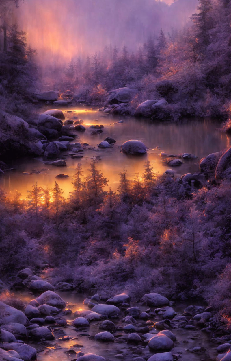 Foggy river at sunrise with golden light on frost-covered trees