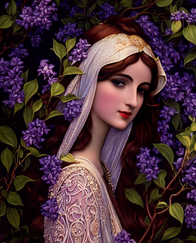 Portrait of Woman with Auburn Hair and Gold Headpiece Veiled in Purple Among Lush Flowers