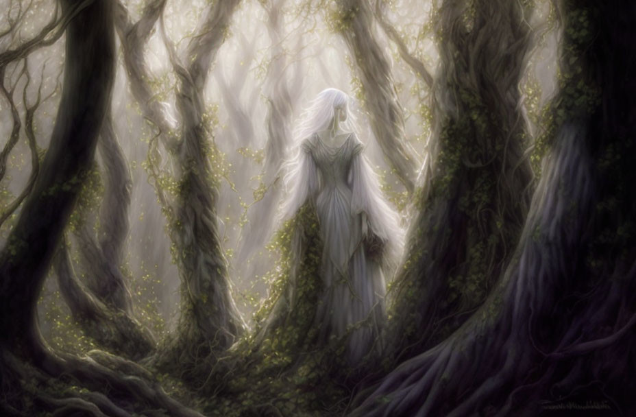 Mystical figure in white in foggy enchanted forest