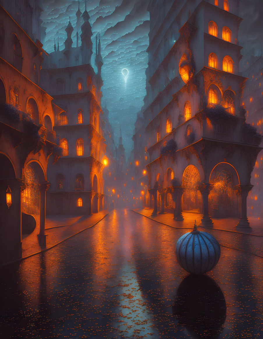 Dimly-lit cobblestone street with illuminated buildings under crescent moon