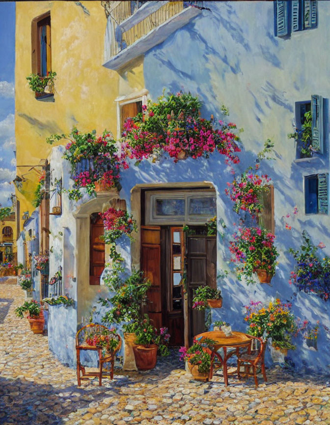 Sunlit Street Scene: White Building with Blue Shutters & Flower-Filled Balconies