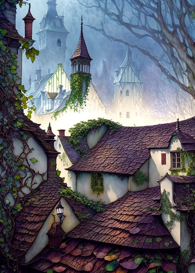 Ivy-covered cottages in foggy fairy-tale village