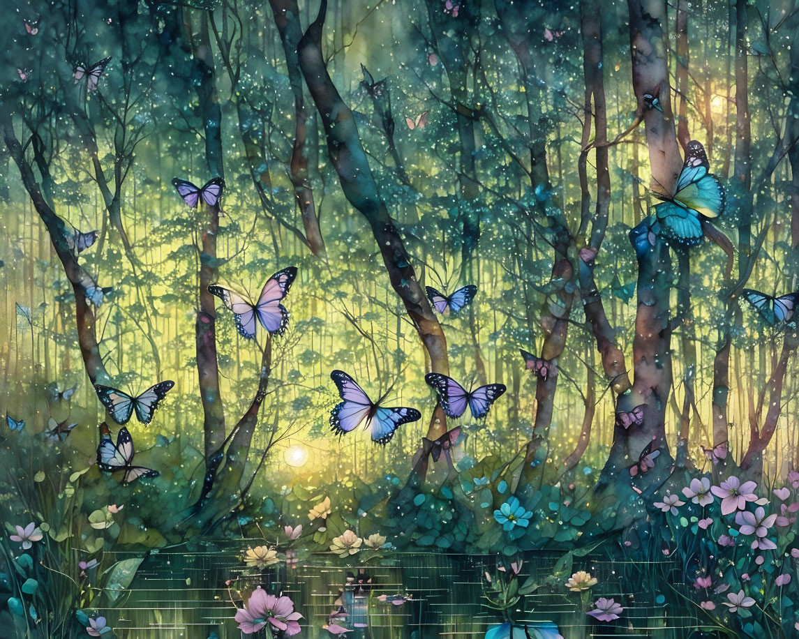 Tranquil forest scene with vibrant butterflies and calm pond.