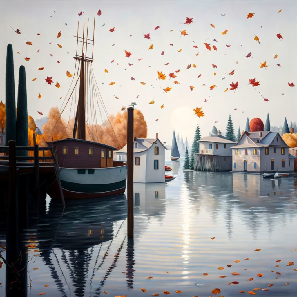 Tranquil harbor scene with sailboat, pier, white houses, and autumn trees