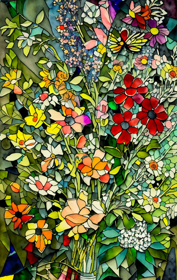 Colorful Flower and Butterfly Stained Glass Illustration