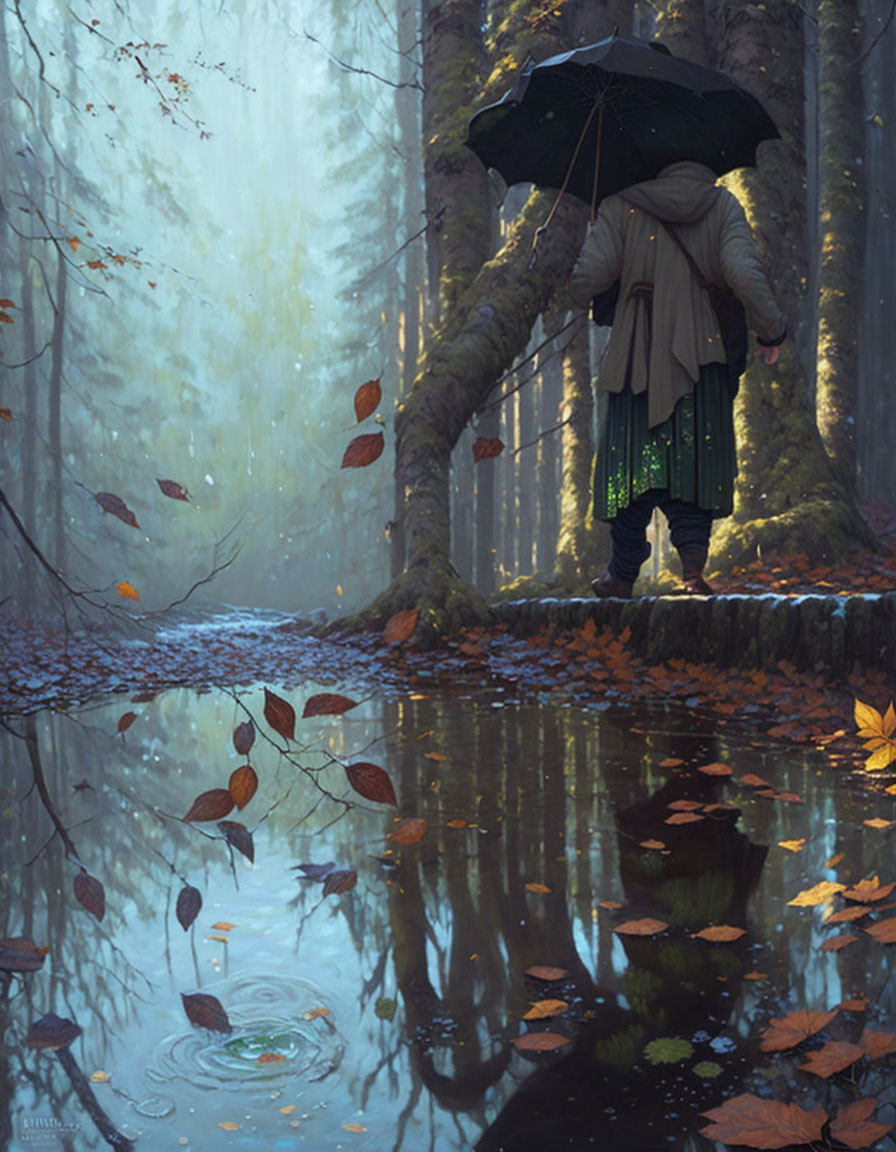 Autumn forest scene with person holding umbrella by waterlogged path