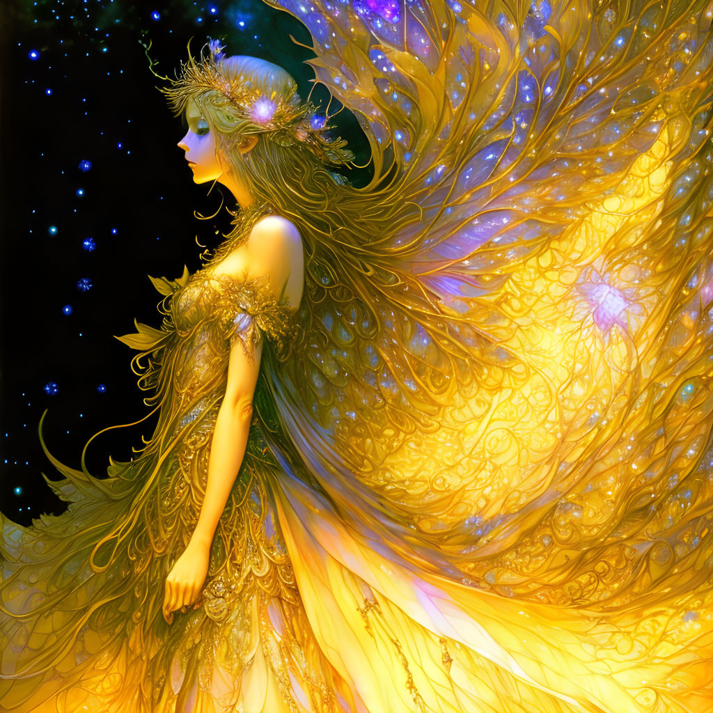 Fantasy illustration of woman with golden wings in starry setting