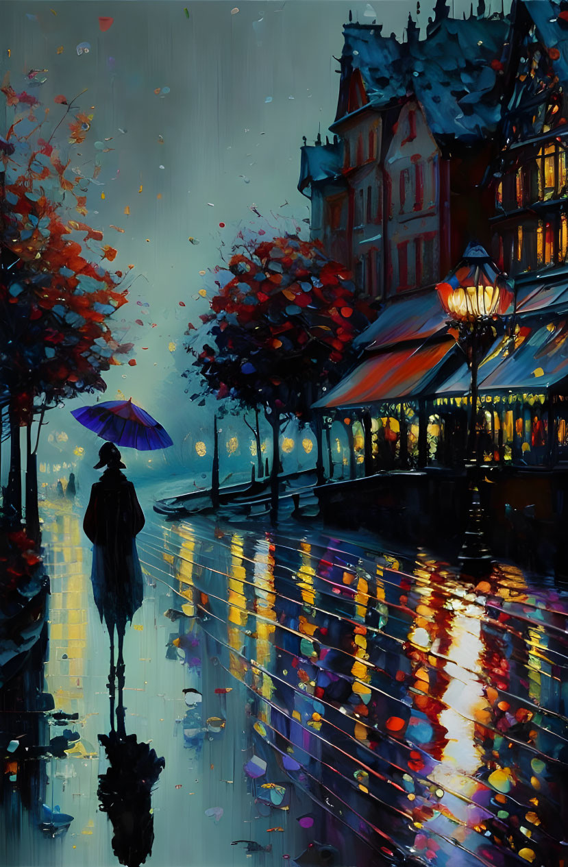 Person with umbrella walks on wet street by illuminated buildings and autumn trees.