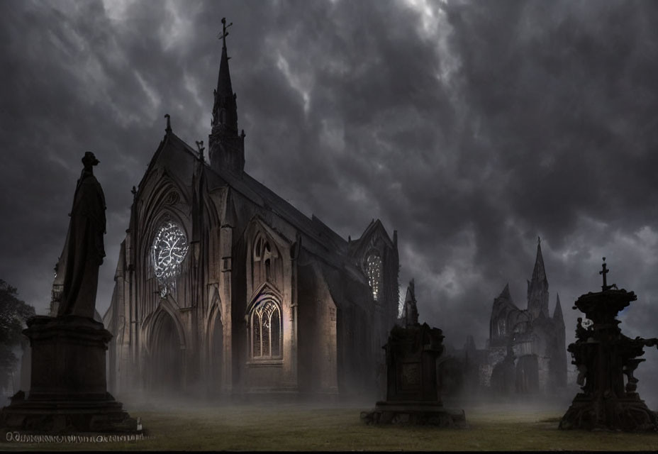 Gothic church and tombstones under cloudy dusk sky