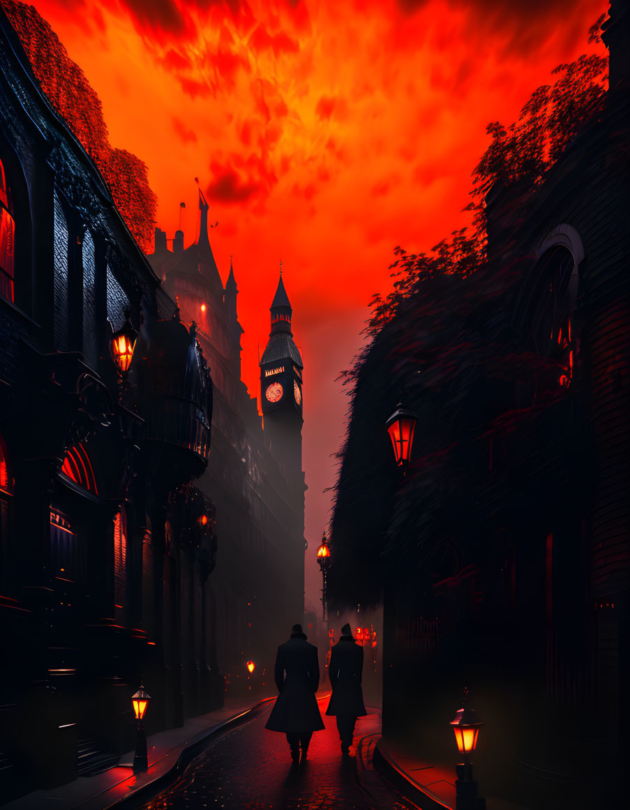 Couple walking towards Big Ben on cobblestone street at dusk under fiery red sky.