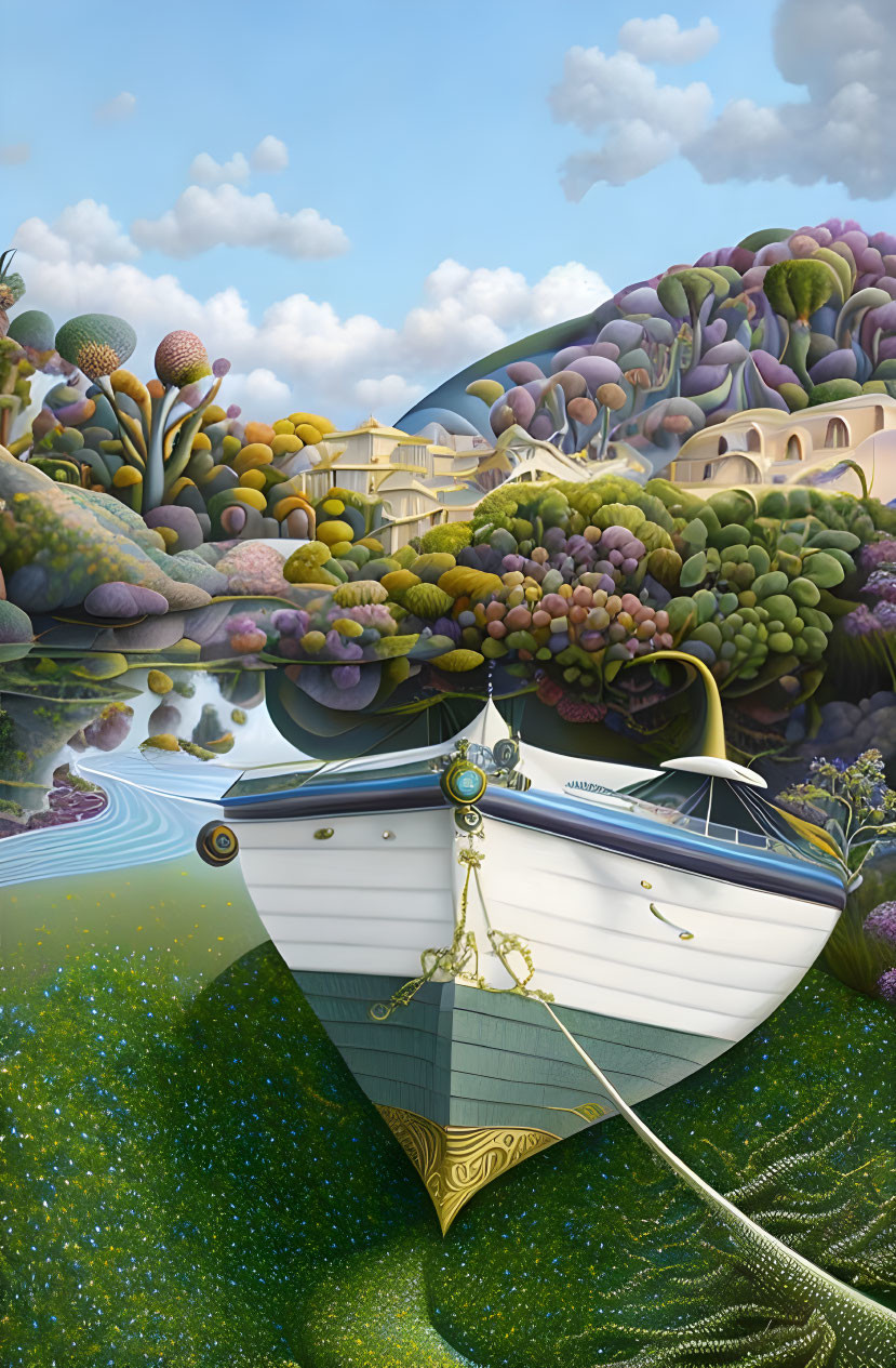 Vibrant surreal landscape with boat, colorful foliage, hills, river, and whimsical architecture