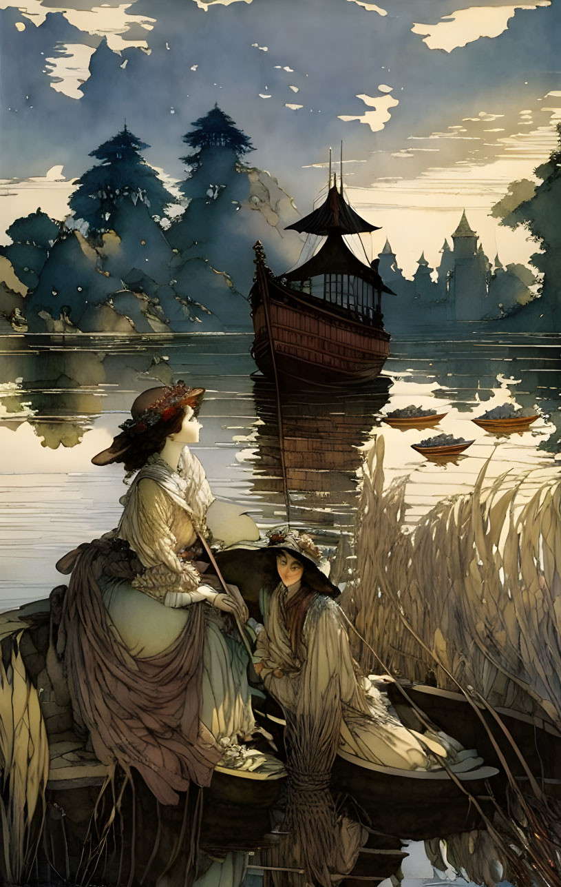 Elegantly dressed women by riverbank with traditional boat and castle spires