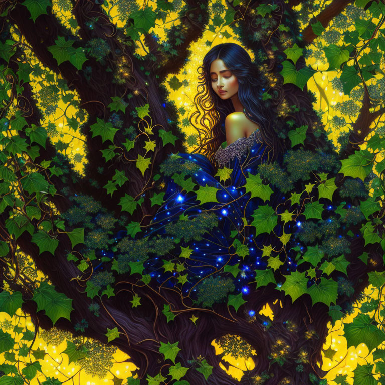 Illustration of woman in star-filled forest with fireflies