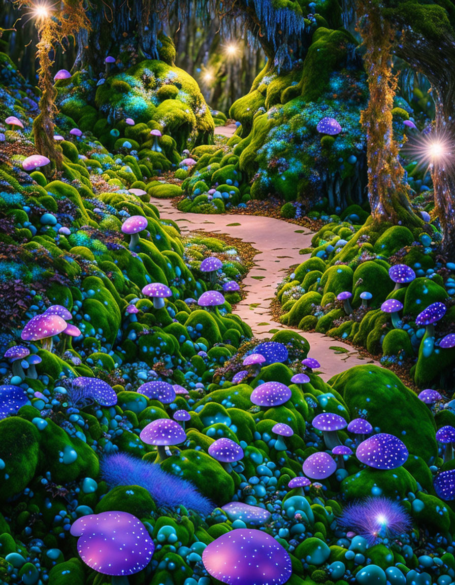 Enchanting forest pathway with glowing mushrooms and mystical lights