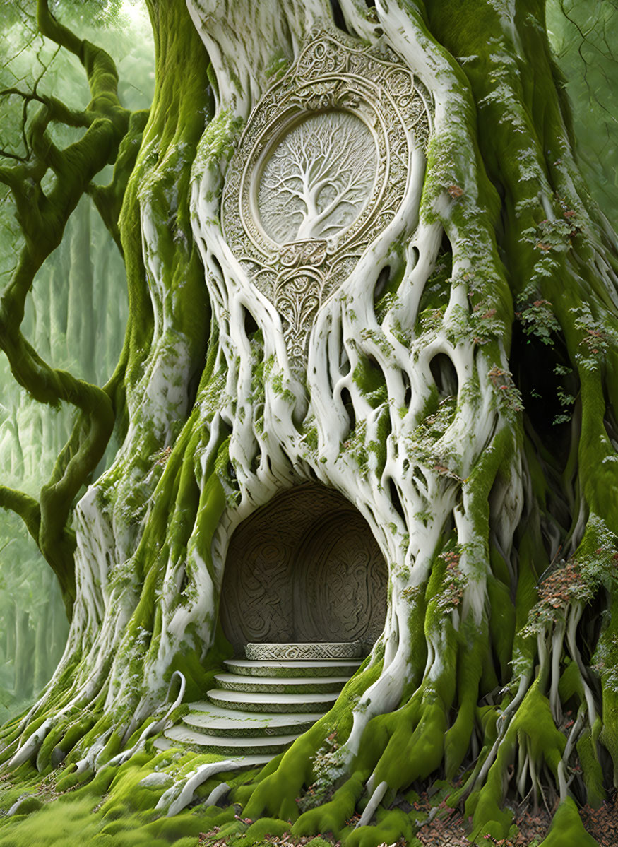 Circular Enchanting Door in Moss-Covered Tree Forest