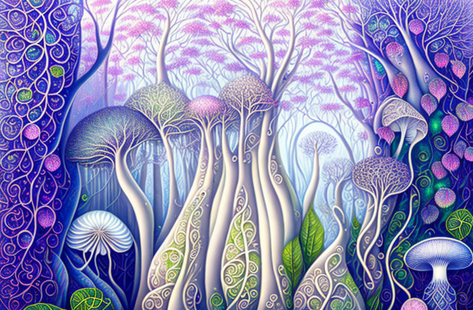 Colorful digital artwork: Whimsical forest with stylized trees and mushrooms