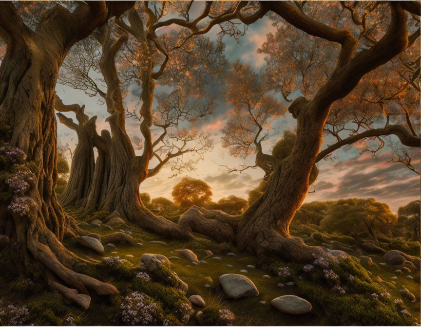 Ancient trees with gnarled branches in serene landscape at sunset