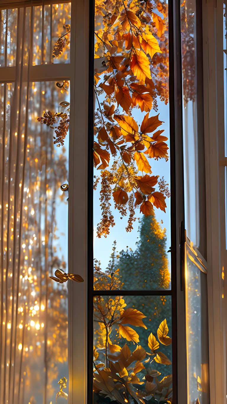 Tranquil autumn scene with golden leaves and warm sunset glow through a window.