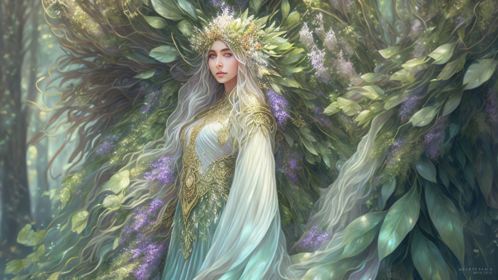 Ethereal woman with white hair in golden headdress in enchanted forest