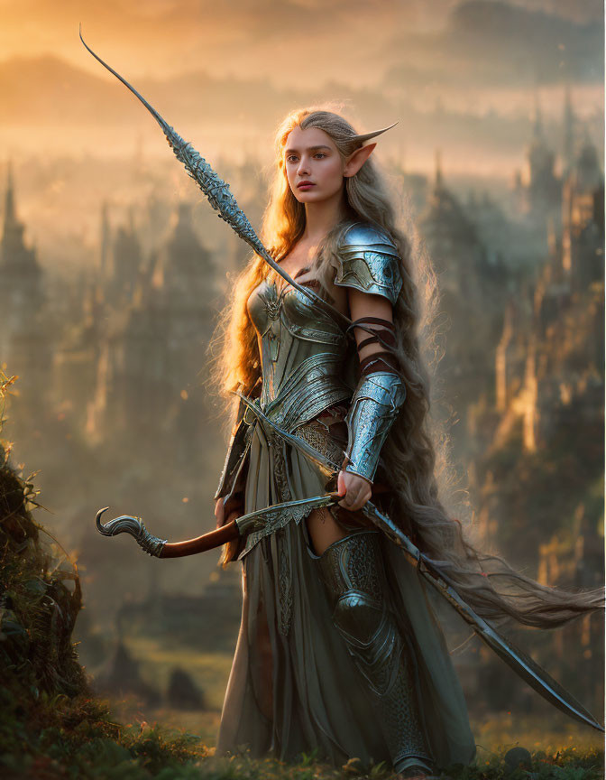 Blond-haired elf warrior in ornate armor with spear and sword in misty forest at dawn