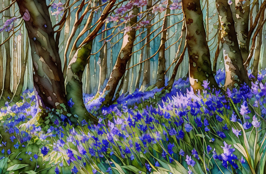 Tranquil watercolor forest with delicate trees and blue & purple flowers