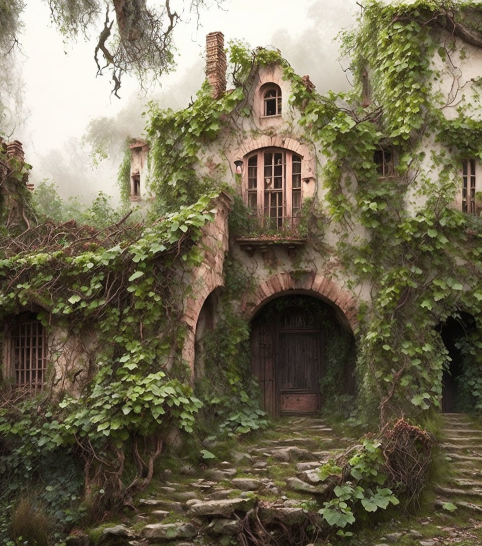 Stone cottage covered in green ivy, wooden door, round windows, misty forest setting