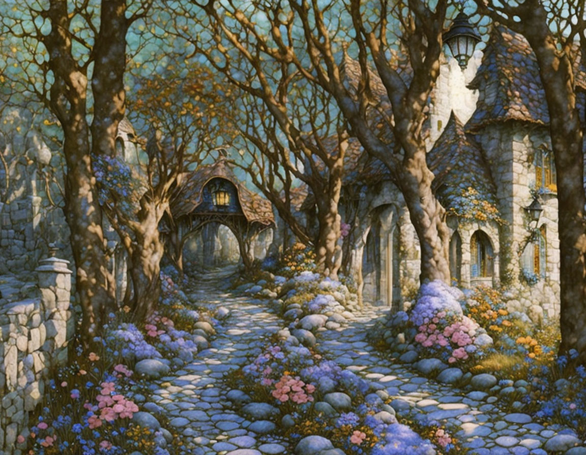 Enchanting forest with cobblestone path, blooming flowers, and stone cottages