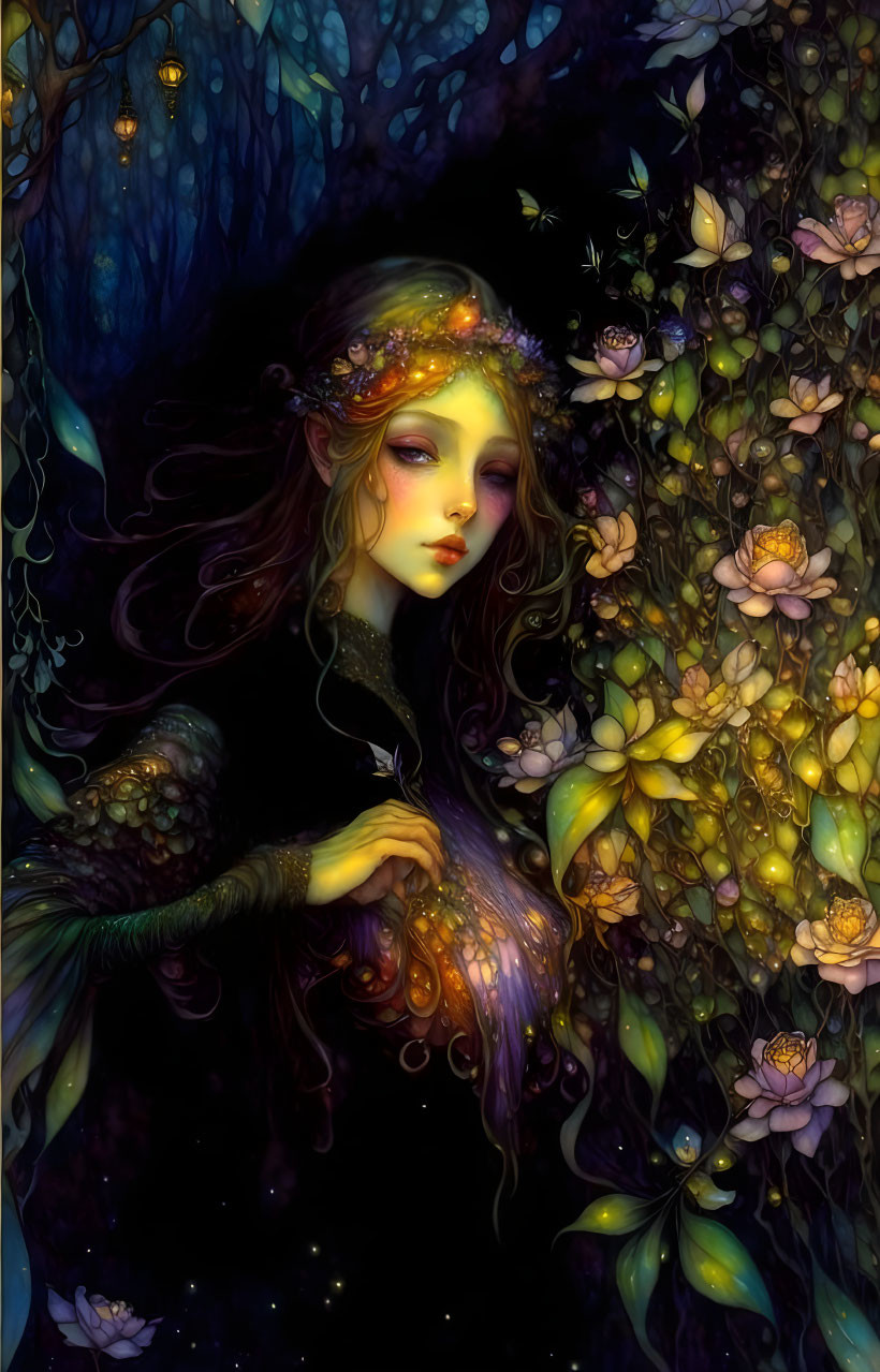 Mystical woman with luminous hair in enchanted floral setting