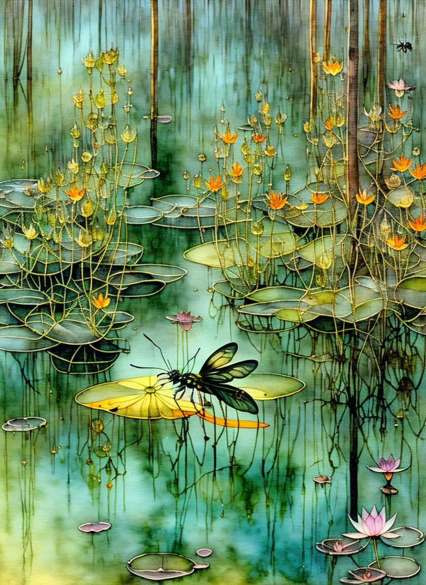 Colorful Dragonfly Painting with Lotus Flowers and Forest Background