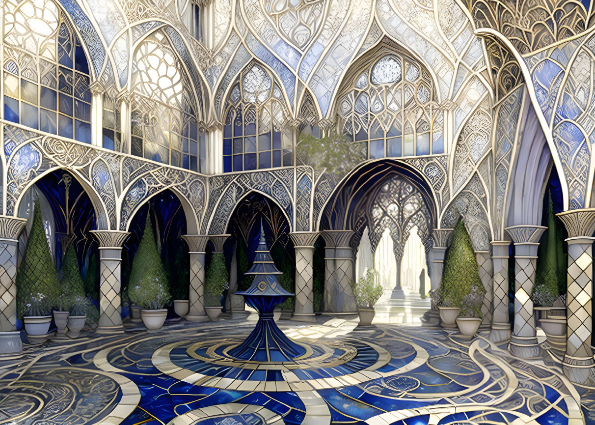 Gothic arches, intricate windows, blue and white tile floor in ornate interior with green