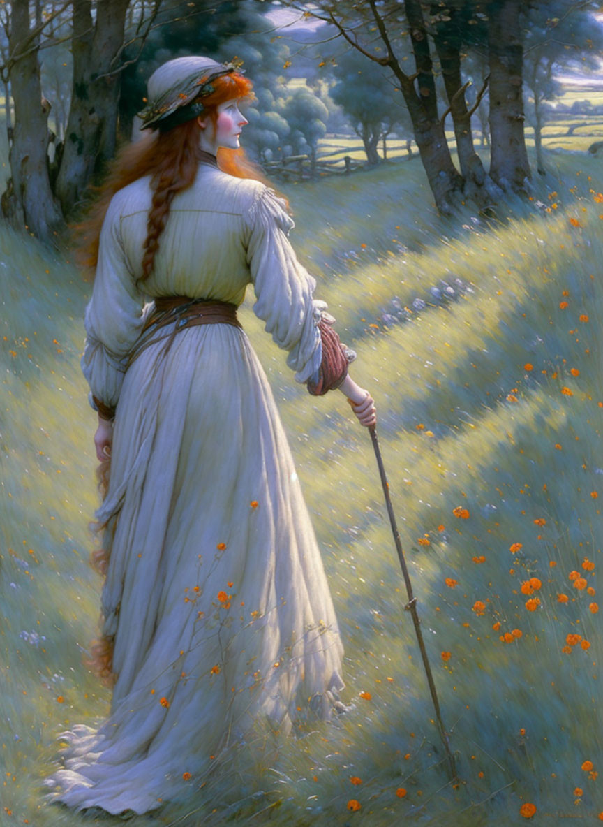 Woman in white dress with staff in sunlit meadow surrounded by orange flowers.