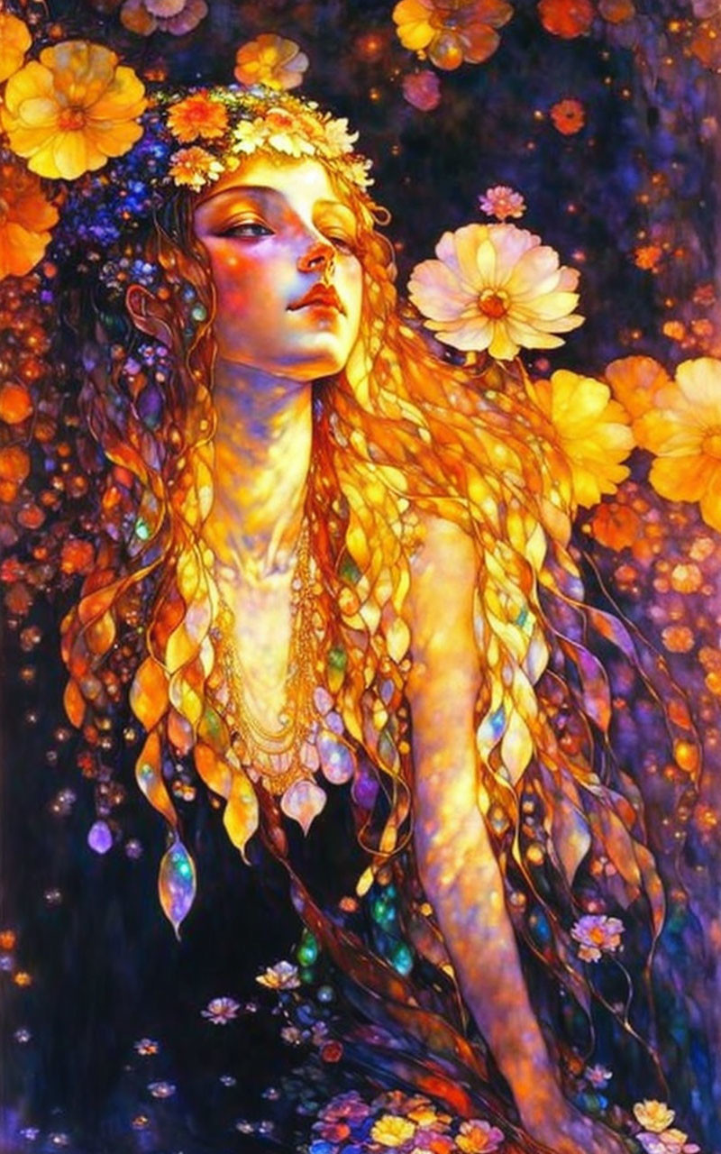 Colorful portrait of woman with flowers and jewelry in ethereal style