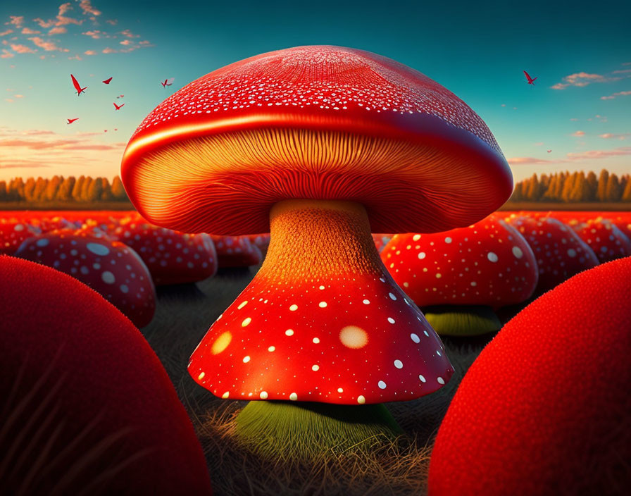 Vibrant red mushroom with white spots in a field at sunset