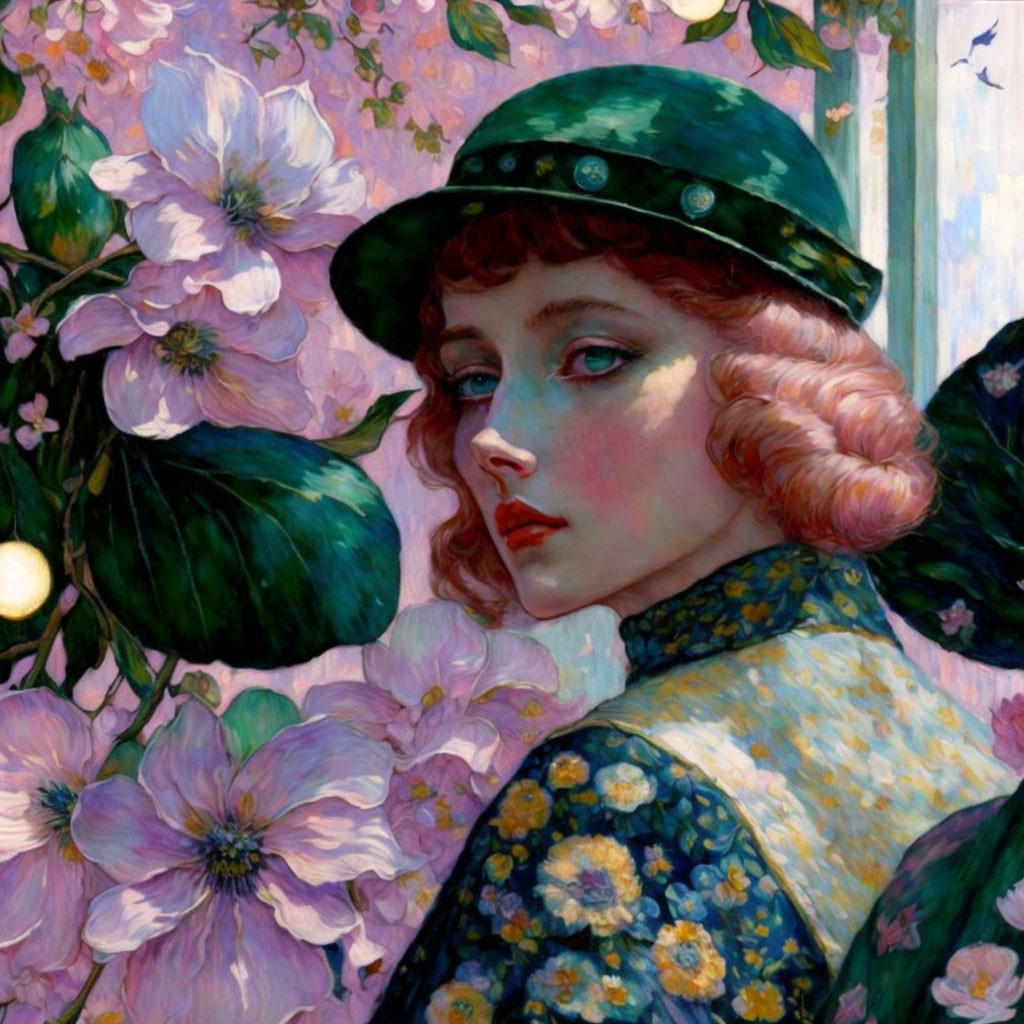 Red-haired woman in green hat among pink blossoms and patterned outfit