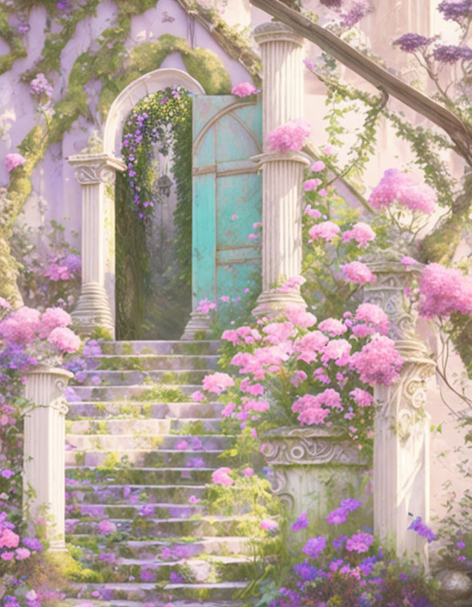 Enchanting staircase with pink flowers and turquoise door