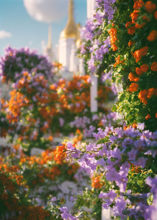 Colorful Orange and Purple Flowers with White Architecture and Golden Spire in Sunny Setting