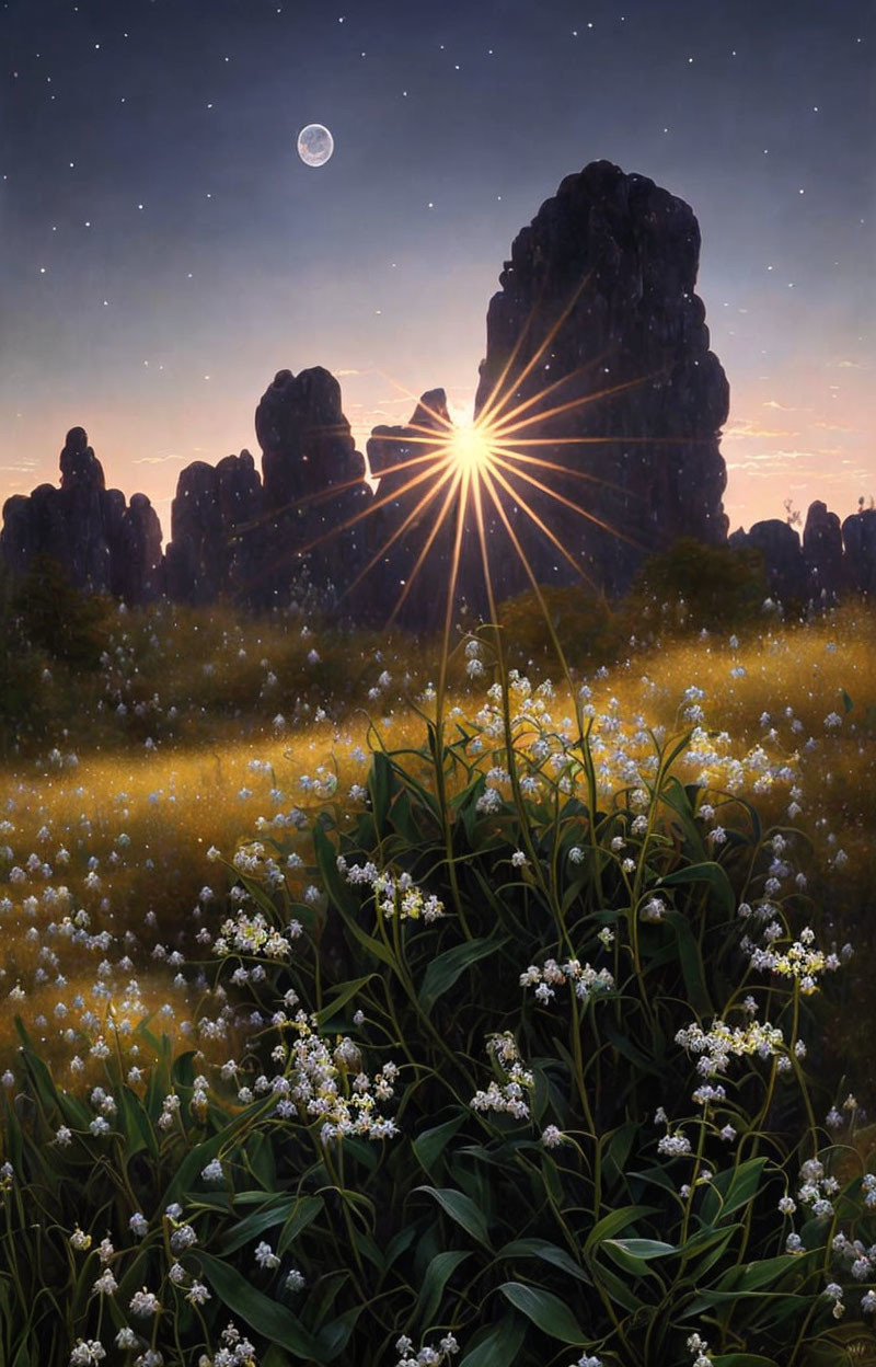 Twilight landscape with white flowers, rocks, sunburst, stars, and crescent moon