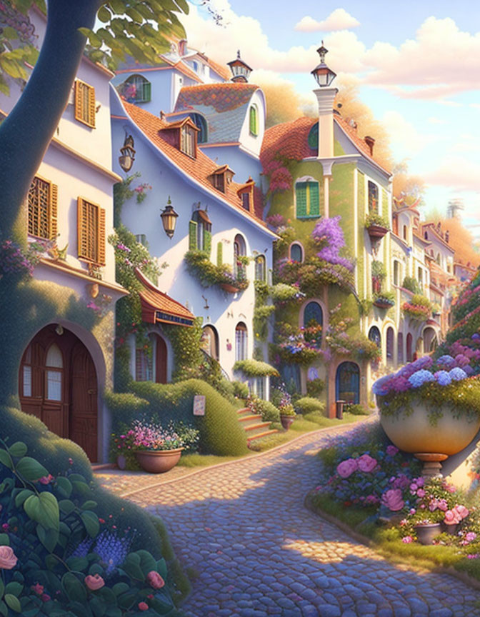 Charming cobblestone street with floral houses at sunset