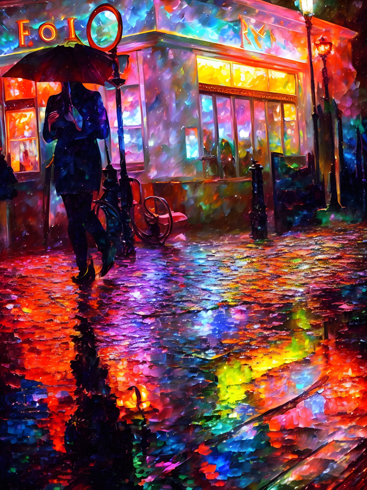 Night scene: Person with umbrella near neon-lit cafe on wet street