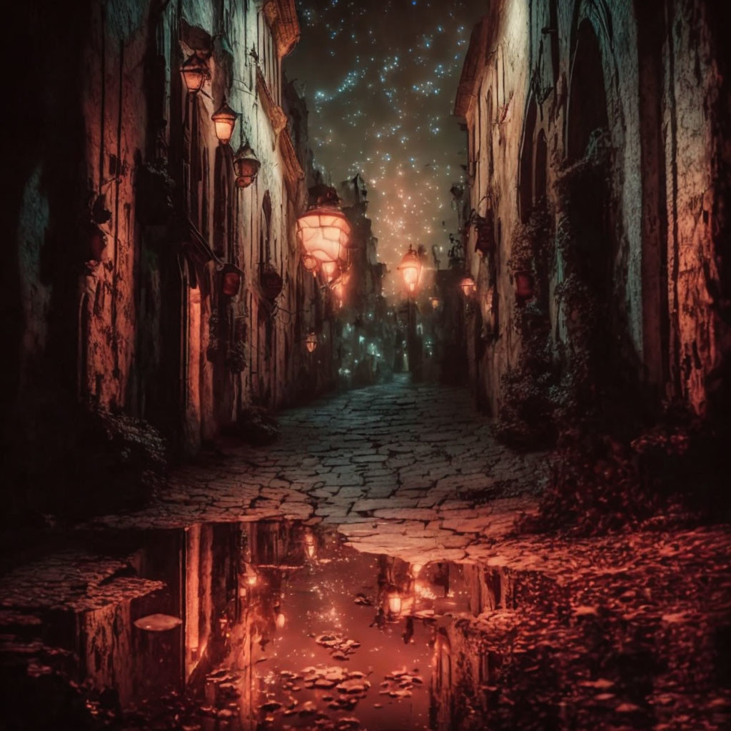 Old Brick Buildings in Narrow Cobblestone Alley at Night