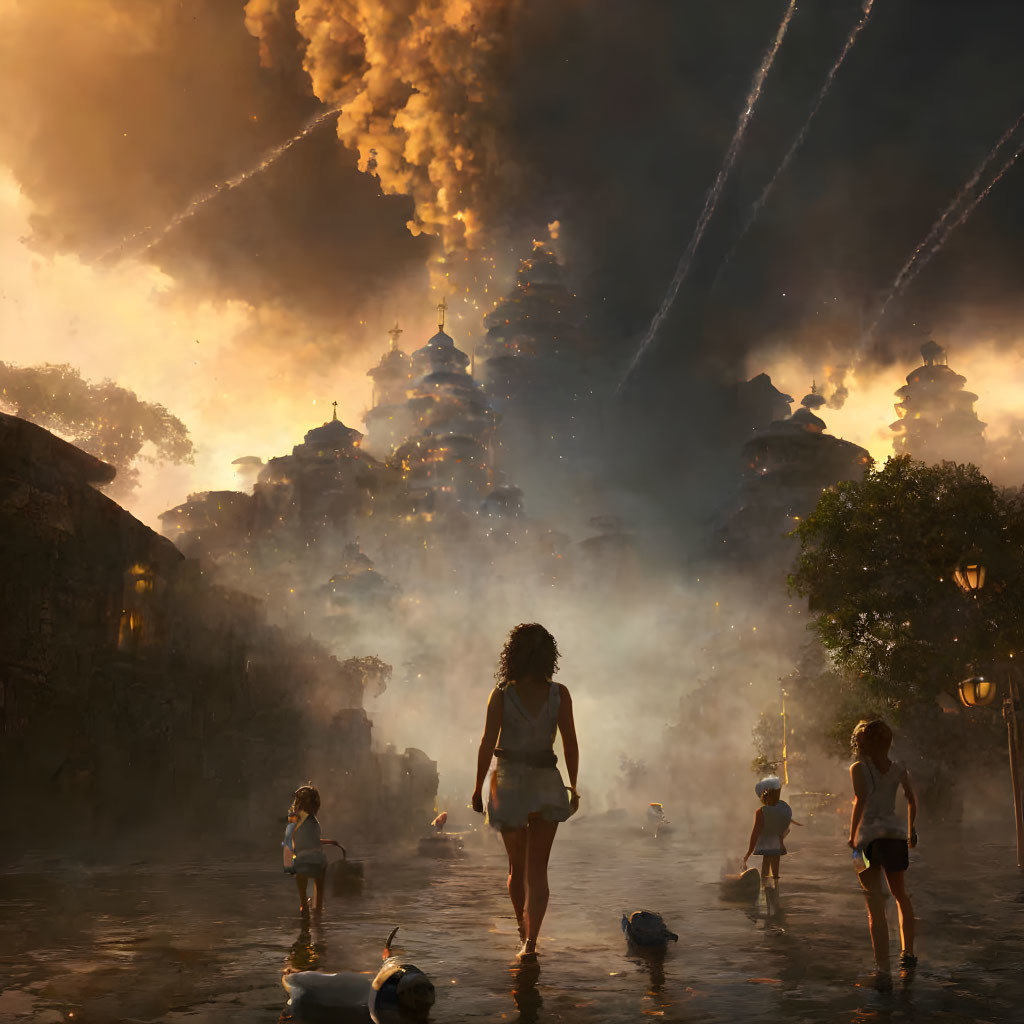 Group of people, including children, walking in shallow water towards city with smoke-filled skies and falling debris