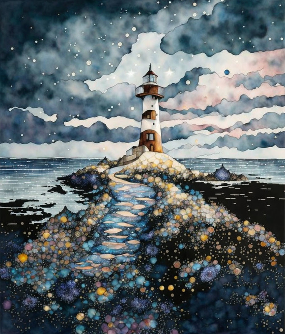 Lighthouse by the Sea: Whimsical Night Painting