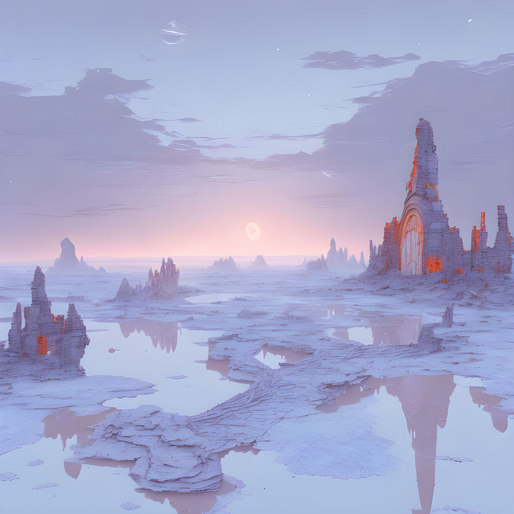 Alien landscape with reflective water and celestial body at sunset