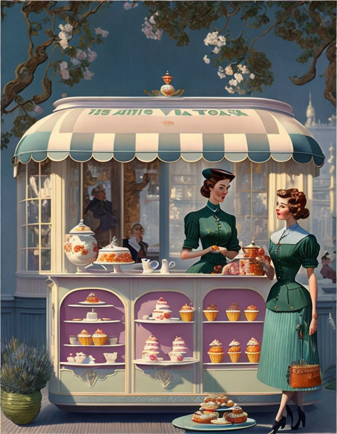 Two women in vintage dresses by ornate pastry cart with cakes and teapots