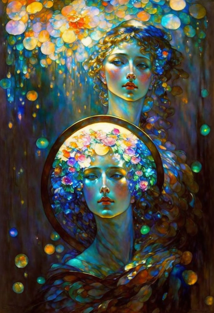 Ethereal painting of two women with floral adornments and glowing halo