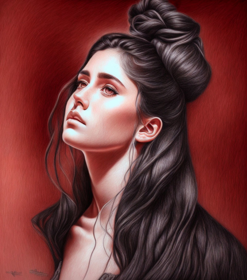 Detailed Portrait of Woman with High Bun Hairstyle on Red Background