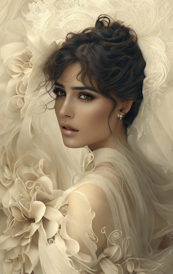 Elegant woman with updo hairstyle in romantic floral setting